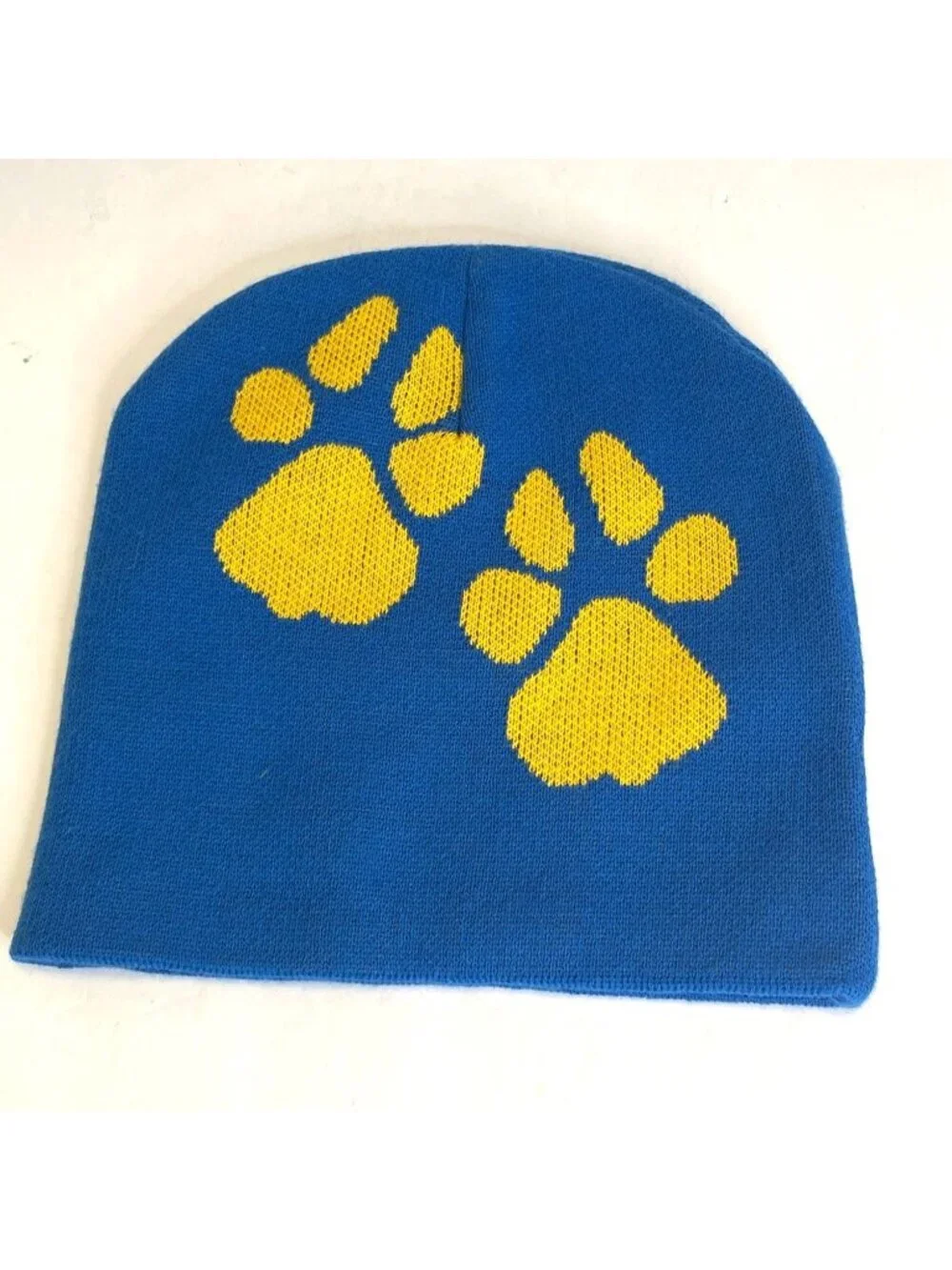 Beanie Hat Acrylic Blue Knit Winter Ski Sled Cap Salty Dog Pup Puppy Paw Yellow